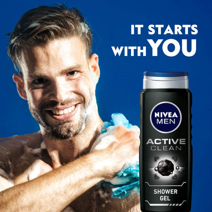 NIVEA MEN 3in1 Shower Gel Body Wash, Cleansing Active Clean Charcoal Woody Scent, 2x500ml
