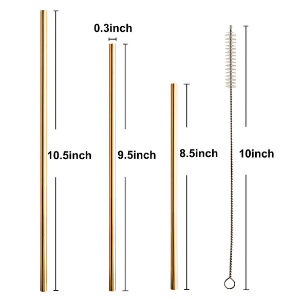 (Straight) - 12+2 Pcs Reusable Stainless Steel Straws, Metal Straws, 4 Colours Gold, Silver, Rose Gold & Black - 590ml & 890ml Tumblers Straws (Straight)