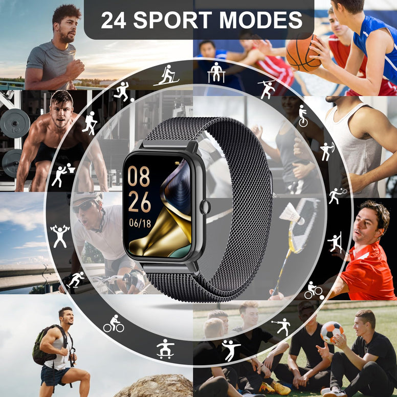 1.85-IN Smart Sport Watch with Phone Call,Fitness tracker, Sports Monitoring, Pedometer, Message Reminder, Music Player,Weather Forecast,and More,Compatible with IOS, Android Phones (Black), Bluetooth