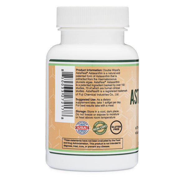 Astaxanthin 12mg Max Strength (AstaReal: Natural Patented Astaxanthin with 70+ Human Clinical Trials - World's Most Studied Brand) Grown, Harvested, and Made in The USA by Double Wood Supplements