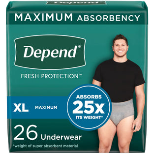 Depend Fresh Protection Adult Incontinence Underwear for Men (Formerly Depend Fit-Flex), Disposable, Maximum, Extra-Large, Grey, 26 Count, Packaging May Vary