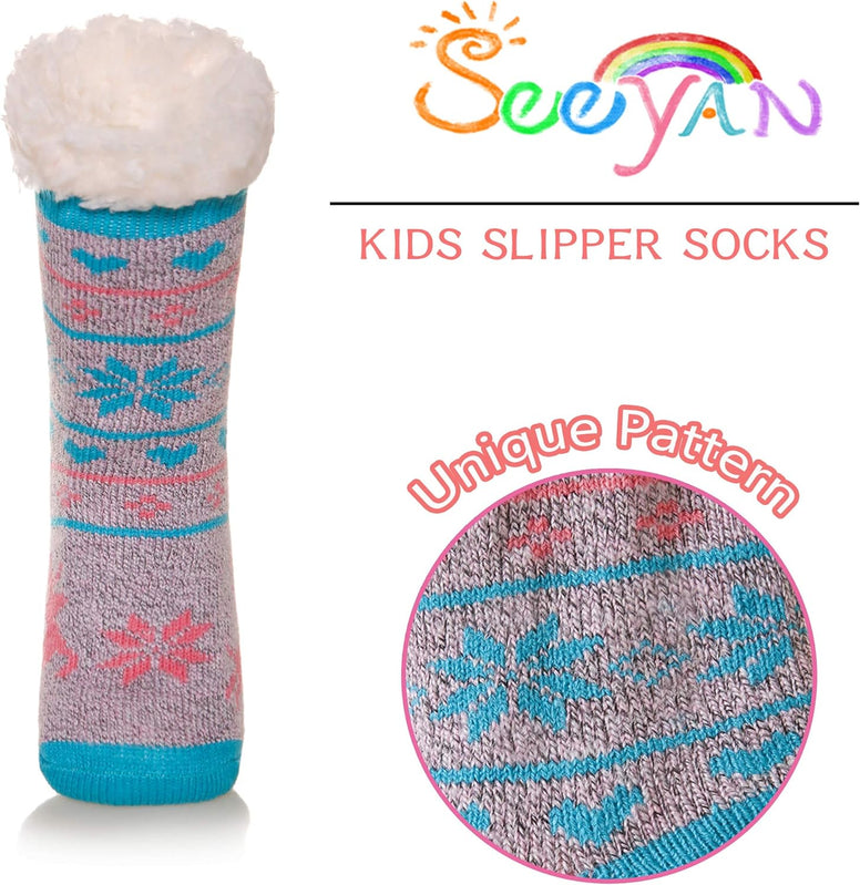 Kids Fuzzy Slipper Grip Socks Boys Girls Non Slip Winter Thick Fluffy Warm Soft Plush Thermal Crew Socks 6 Pairs