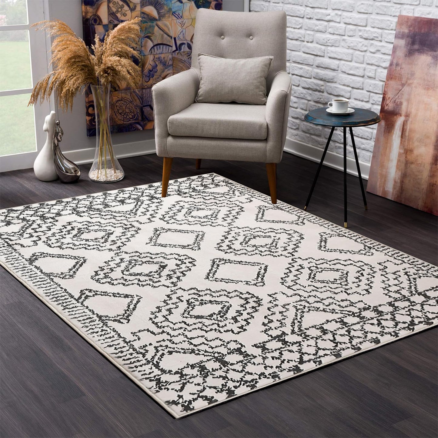 Leesentec Moroccan Area Rugs Living Room Rugs Modern Abstract Rug Geometric Carpet Non-slip Short Pile Rug Large Rugs for Living Room Soft Bedroom Area Rug (Ivory/Black, 120 x 160 cm)