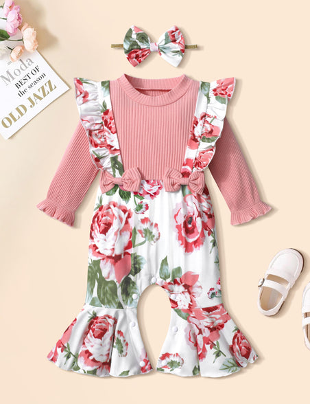 Qaoerde Baby Girl Clothes Long-Sleeved Suspenders Flared Baby Girl Coming Home Outfit Newborn Baby Girl Jumpsuit Romper(3-6 M)