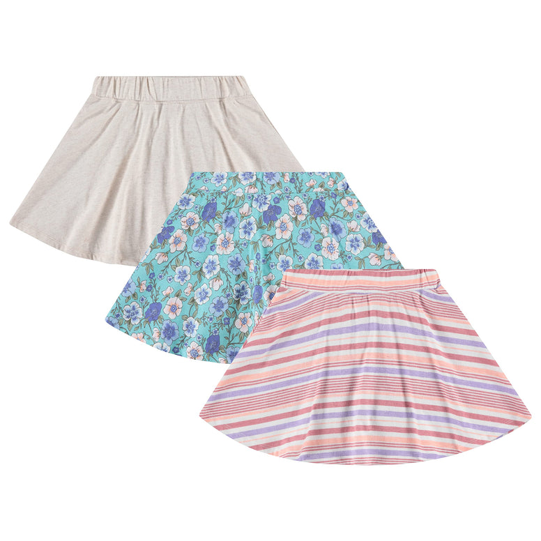 BTween 3 Pack Skorts for Girls - Kids Scooter Skirts - Skirt Layered Shorts with Floral, Solid, Tie Dye or Butterfly Prints size 4-5