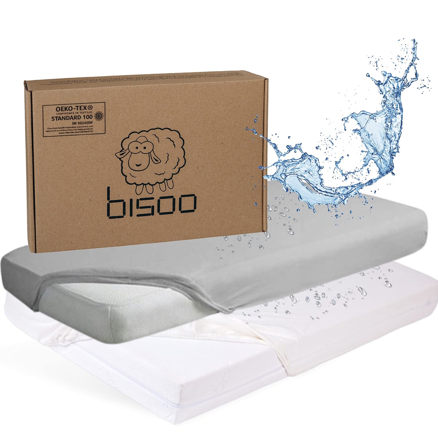 Bisoo Baby Cot Bed Waterproof Sheets Fitted 140 x 70 / 28x55 - Set of 2 Fitted Sheet Mattress Protector Made of 100% Jersey Oeko-Tex + PU - Toddler Cots Beds & Cribs - Soft & Silent - White & Gray