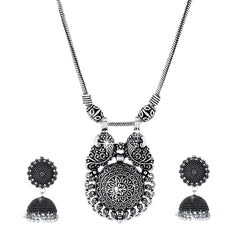 Yellow Chimes Designer Peacock Carved German Silver Oxidized Necklace Set With Jhumka Earrings By Yellow Chimes Jewellery Set For Women (Oxidized Silver) (Yctjns-Peackbnd-Sl)