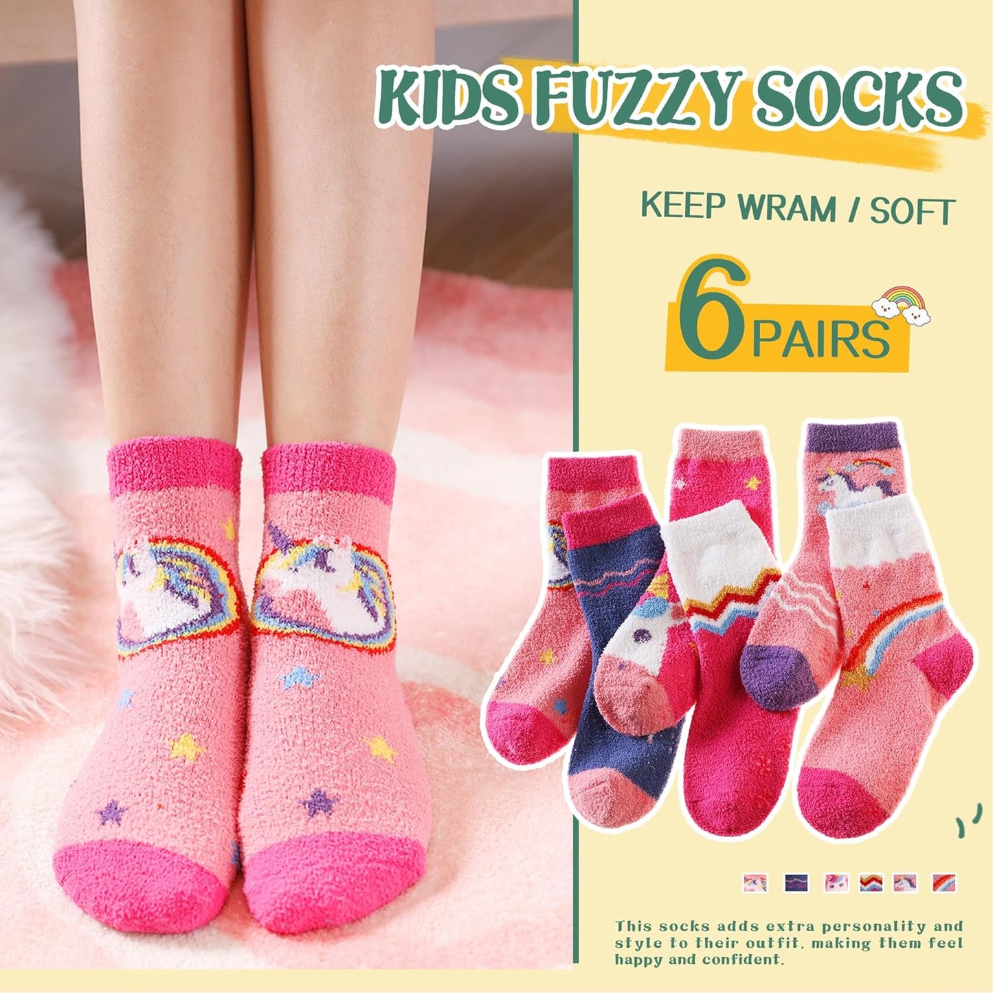 Kids Fuzzy Slipper Grip Socks Boys Girls Non Slip Winter Thick Fluffy Warm Soft Plush Thermal Crew Socks 6 Pairs