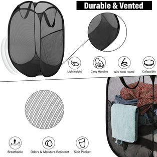 BATTOO Deluxe Strong Mesh Pop up Laundry Hamper Basket with Side Pocket for Laundry Room, Bathroom, Kids Room, College Dorm or Travel 3 Pack Black