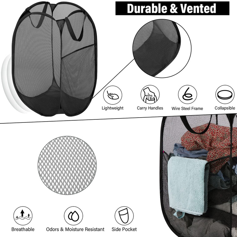 BATTOO Deluxe Strong Mesh Pop up Laundry Hamper Basket with Side Pocket for Laundry Room, Bathroom, Kids Room, College Dorm or Travel 3 Pack Black