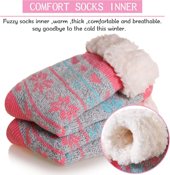 Kids Fuzzy Slipper Grip Socks Boys Girls Non Slip Winter Thick Fluffy Warm Soft Plush Thermal Crew Socks 6 Pairs