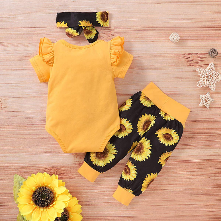 Baby Girls Newborn 3PCS Clothes Top Flower Printed T Shirt Pants Headband 0-3 Months