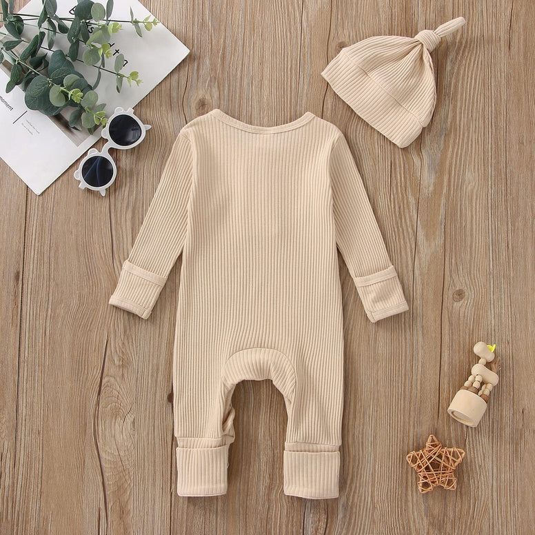 BULINGNA Newborn Infant Baby Boy Girl Long Sleeve Knit Ribbed Jumpsuit Solid Color Gender Neutral Baby Clothes with Hat(3-6M)