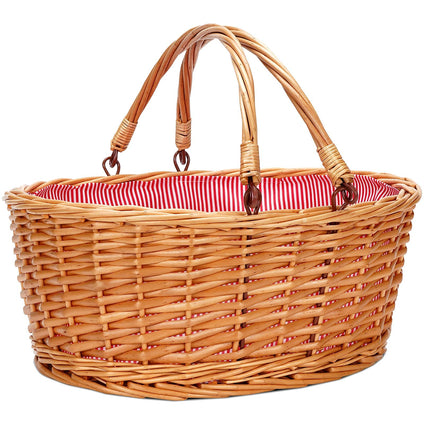 TwentyNext Wicker Picnic Basket with Double Folding Handles, Natural Willow Hamper Empty Basket Cheap Easter Eggs Candy Storage Wine Basket for Toy, Flower, Wedding Gifts（Red Stripe L）