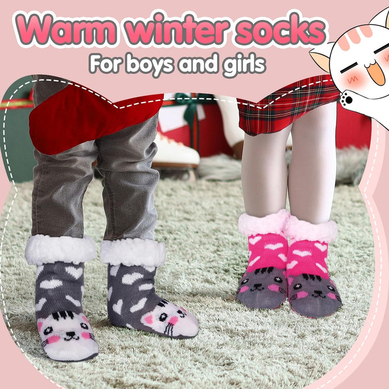 Suhine 6 Pairs Fuzzy Slipper Socks for Kids Warm Soft Boys Girls Fluffy Socks with Non Slip Grippers Animal Kids Fuzzy Socks Cute Winter Socks for Boys Girls