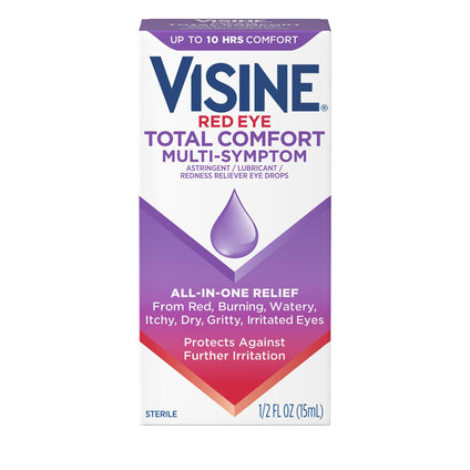 Visine Red Eye Total Comfort Multi-Symptom Eye Drops, All-in-One Astringent, Lubricant & Redness Reliever Eye Drops for Irritated, Dry, Burning, Watery, Itchy, Red, Gritty Eyes, 0.5 fl. oz