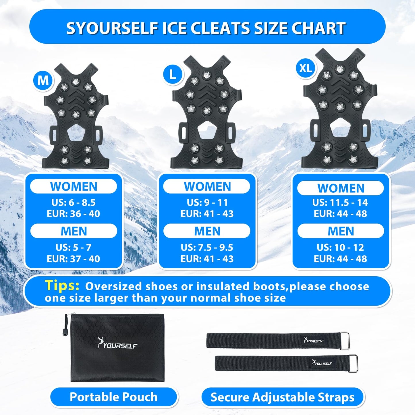 SYOURSELF Ice Cleats, Crampons Ice Cleats for Shoes and Boots Women Men Kids, Non Slip Grippers Spikes for Shoes with Straps, Ice Traction Cleats for Snow and Ice, Hiking, Walking, Fishing, Climbing