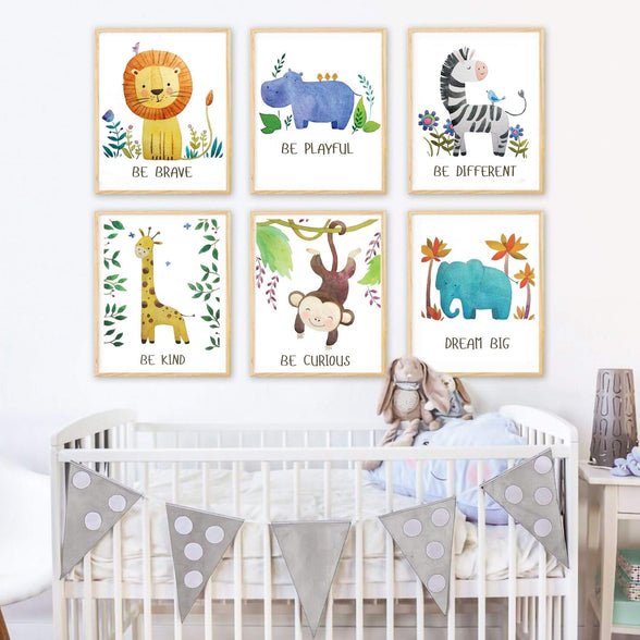 Baby Nursery Decor - Jungle Safari Animal Unframed Wall Art -Set of 6 Posters 8x10 - Lion, Giraffe, Elephant, Monkey, Zebra, Hippo with Inspirational Quotes for Boy Girl Kids