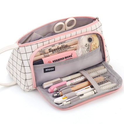 EASTHILL Large Capacity Colored Canvas Storage Pouch Marker Pen Pencil Case Simple Stationery Bag Holder for Middle High School Office College Student Girl Women Adult Teen Christmas Gift White Plaid