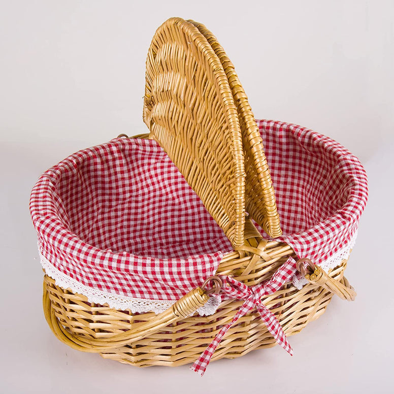 Wicker Picnic Basket with Lid and Handle, Natural Study Willow Basket with Washable Liner, Vintage-Style Woven Easter Basket for Picnic, Camping, Outdoor, Red/White Gingham