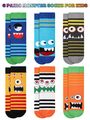 Jinei 6 Pairs Kids Monster Pattern Cotton Crew Socks Boys Sports Novelty Girls Soft Funny Casual Fashion Breathable Socks