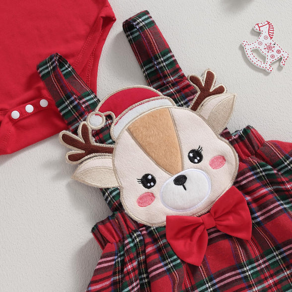 sweetyhouse Baby Girl Christmas Outfit Long Sleeve Romper Onesie Cute Elk Plaid Skirts Sets Headband Winter Clothes