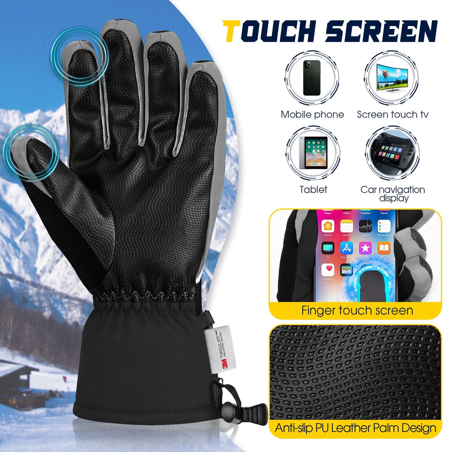MORXPLOR Ski Snow Gloves for Men Women,3M Thinsulate Insulated Warm Winter Snowboard Gloves,Waterproof Windproof Winter Touchscreen Snowmobile Gloves for Cold Weather