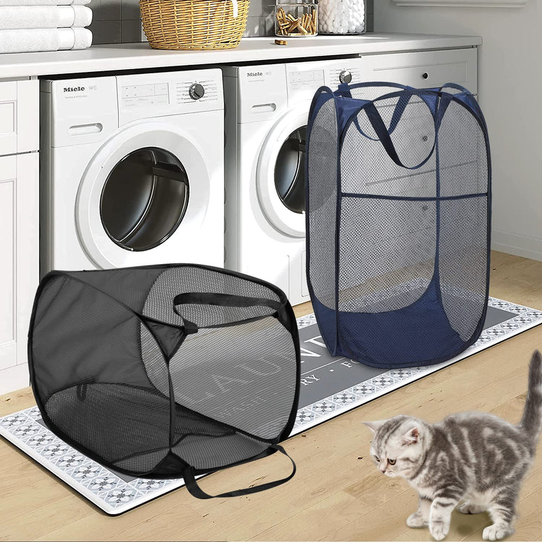 BATTOO Deluxe Strong Mesh Pop up Laundry Hamper Basket with Side Pocket Foldable Hamper for Laundry Room, Bathroom, Kids Room, College Dorm or Travel Navy + Black