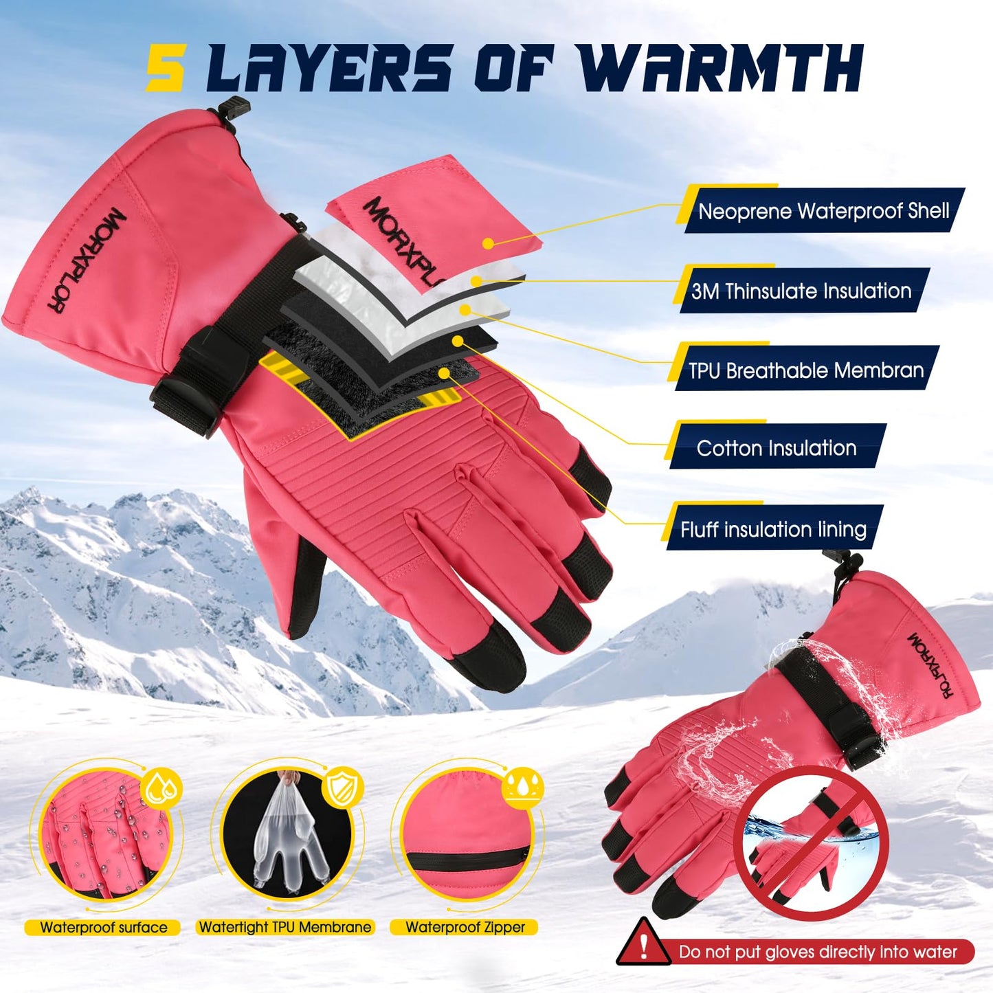 MORXPLOR Winter Ski Snow Gloves Men Women,Waterproof Windproof Touchscreen Snowboard Gloves,3M Thinsulate Insulated Warm Winter Snowmobile Gloves