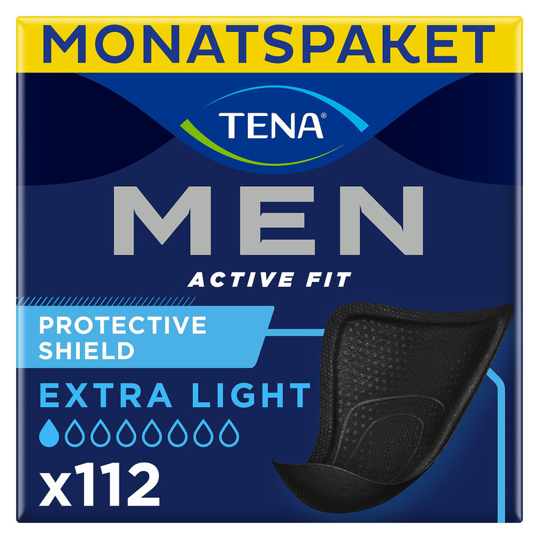 TENA Men Protective Shield, 112 Extra Thin Incontinence Liners (14 x 8 Packs) Specially Engineered for Men of All Ages, Black Pad for Light Bladder Weakness, Urine Leakage and Drips,White