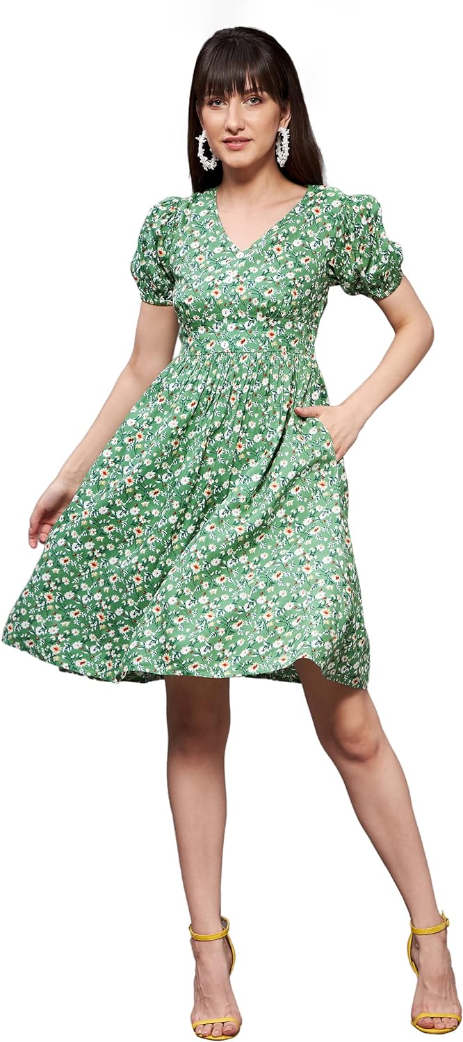 Miss Olive Women's V Neckline Short Sleeve Rayon Floral Fit & Flare Midi Dress (MOSS22D16)