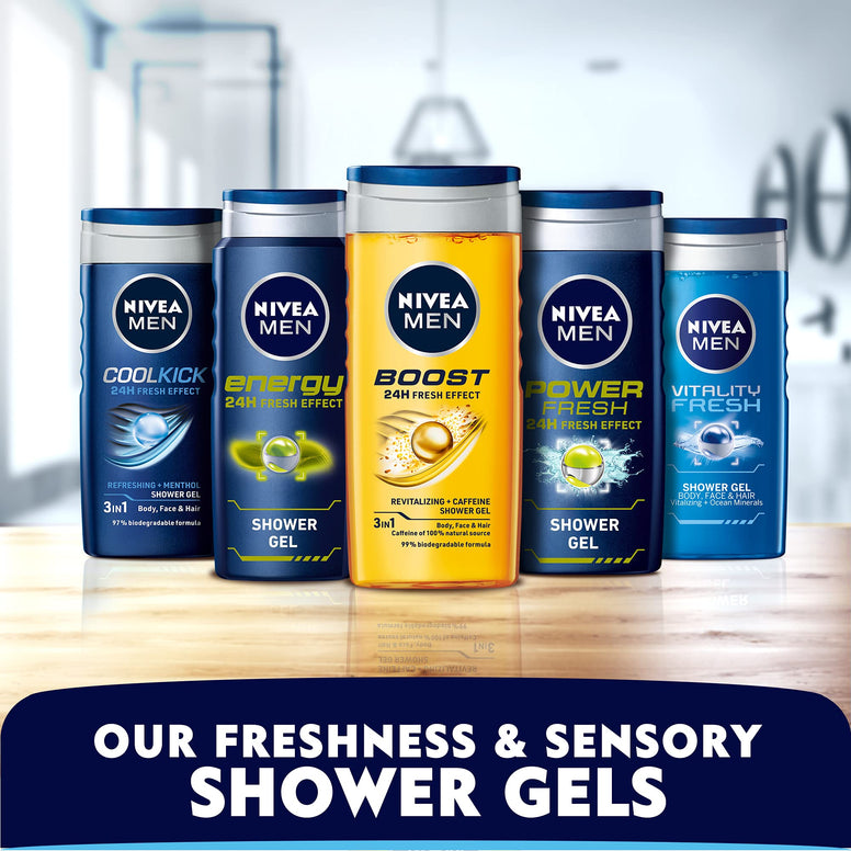 NIVEA MEN 3in1 Shower Gel Body Wash, Energy 24h Fresh Masculine Scent, 250ml