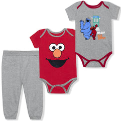 Sesame Street 3 Pack Jogger, Onesie and Bib Set, Sleepwear Bodysuit Bundle for Baby, Size 9M Red