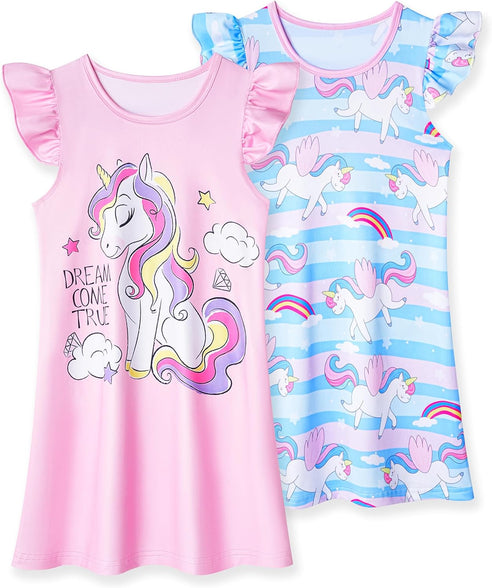 LQSZ 2Pcs Girls Nightgowns 3-10 Years Flutter Short Sleeves Dress Nightdress Sleepwear Pajamas Nightgowns for Girls