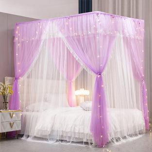 VETHIN 4 Corners Post Ruffle Princess Bed Canopy Curtain-Double Layer Cozy Drape Netting 4 Opening Mosquito Net for Girls Adults Bedroom Decoration (Double-Purple, 59