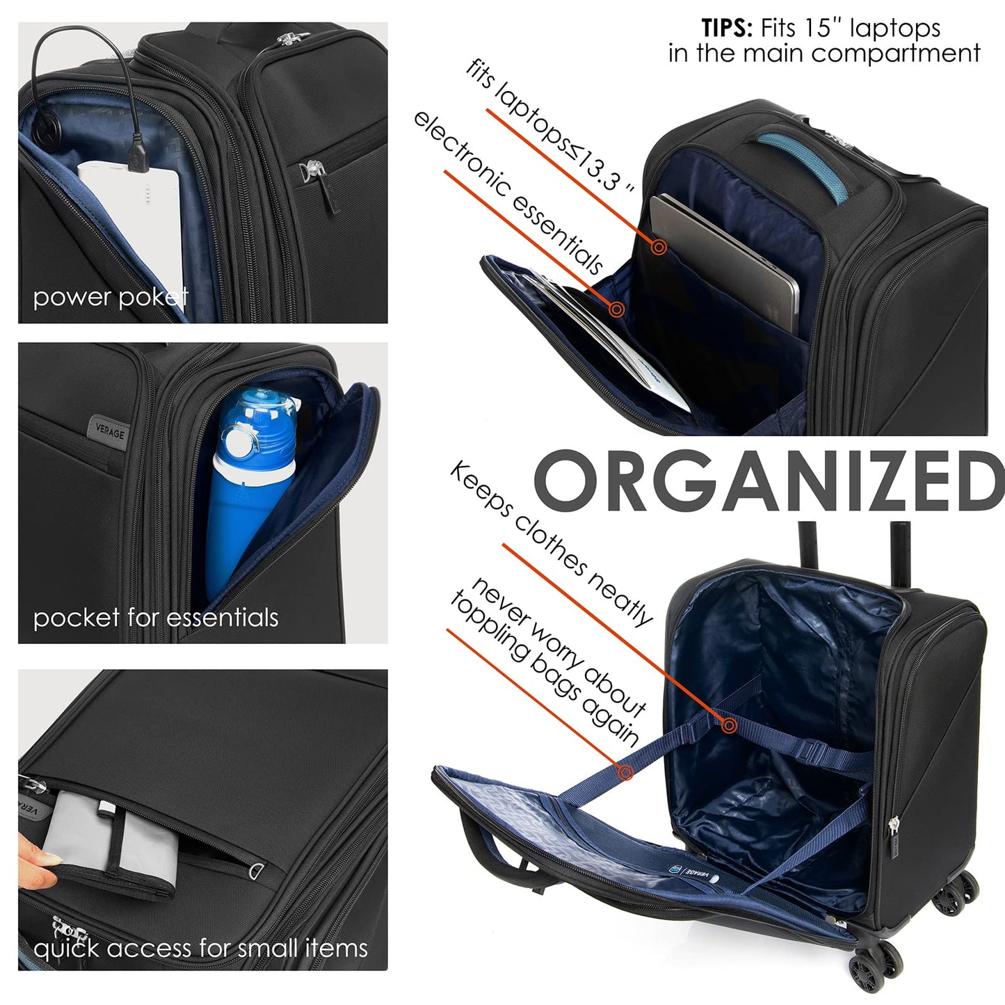 Verage Carry On Underseat Luggage with Wheels & USB Port, Wheeled Spinner Bag Carry-on Luggages for Airlines, Lightweight Suitcase Men Women, Pilots and Crew