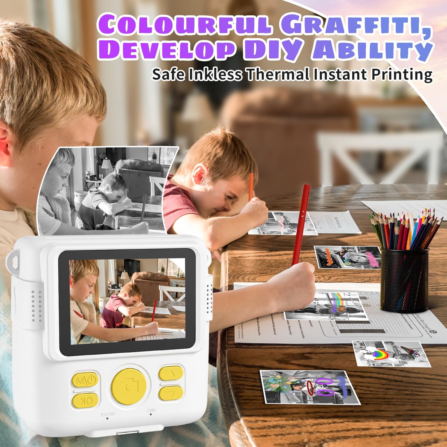 Instant Print Camera, Kids Camera 1080P HD Digital Camera with 32G SD Card, 3 Rolls Photo Paper & 6 Color Pencils for Age 6-12 Boys and Girls Birthday Gifts Photo and Video Recording