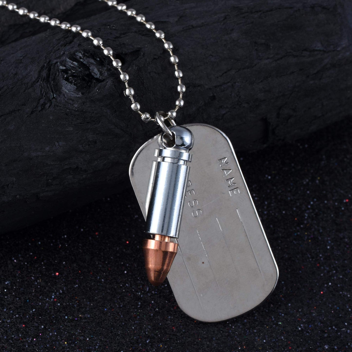 Stainless Steel Silver Classic Stylish Bullet Military Army Theme Dog Tag Dual Name Address Engraved Sterling Chain Trandy Fashion Pendant Necklace Jewelry Accessories Men/Women by Indian Collectible