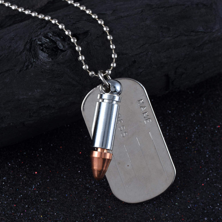 Stainless Steel Silver Classic Stylish Bullet Military Army Theme Dog Tag Dual Name Address Engraved Sterling Chain Trandy Fashion Pendant Necklace Jewelry Accessories Men/Women by Indian Collectible