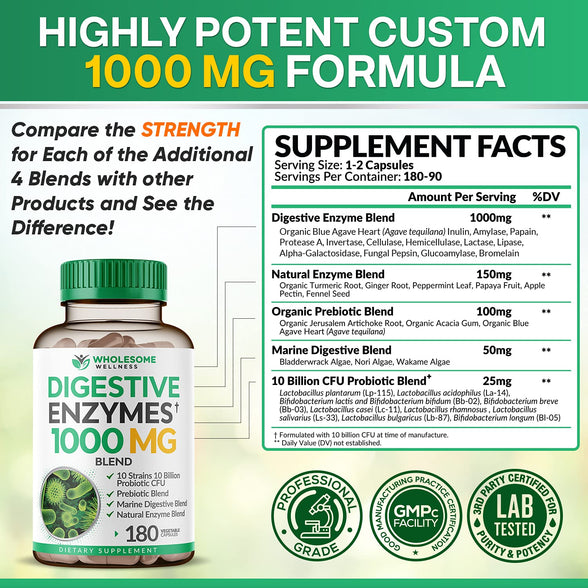 Wholesome Wellness Digestive Enzymes (1000mg,180 Capsules)