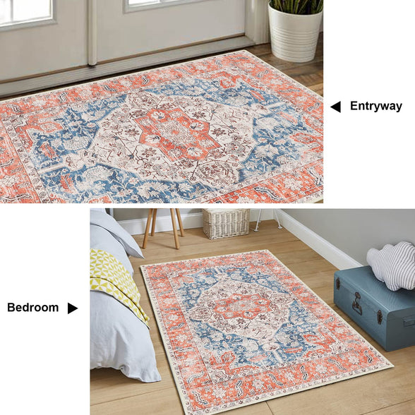 Cekene Distressed Area Rug 3x5 Non Skid Persian Accent Rug Washable Oriental Throw Rugs Low Pile Entryway Rug Runner Boho Floor Carpet for Entrance Living Room Bedroom