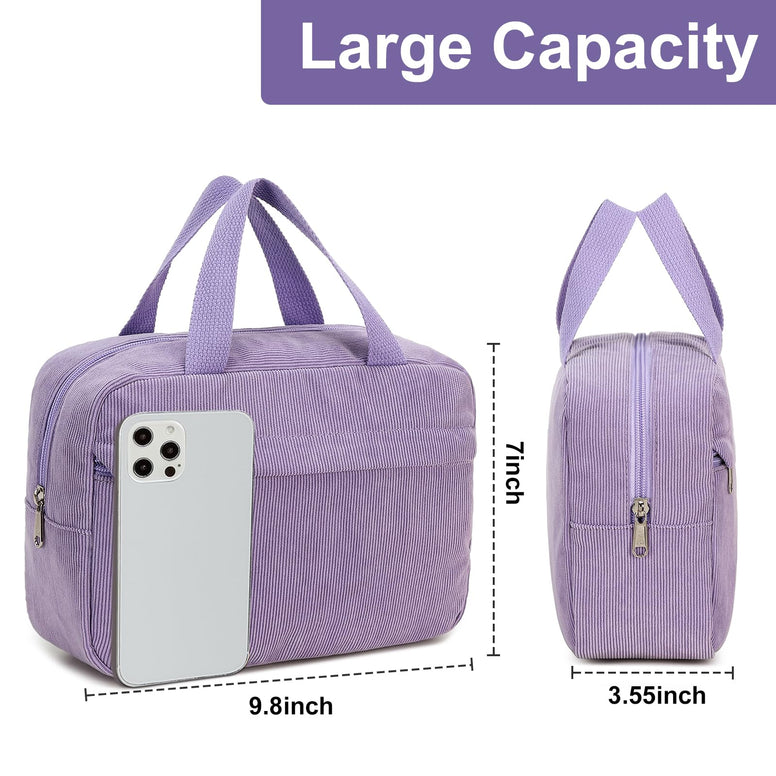 Makeup Bag for Women Girls Cute Corduroy Travel Cosmetic Tote Large Make Up Organizer Toiletry Bags Zipper Pouch Purse, Corduroy-Purple