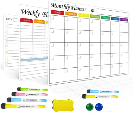 Dry Erase Calendar Whiteboard. Set of 3 Magnetic Calendars for Refrigerator: Monthly, Weekly Organizer & Daily Notepad. Wall & Fridge Family Calendar. 6 Fine Point Markers & Eraser Included