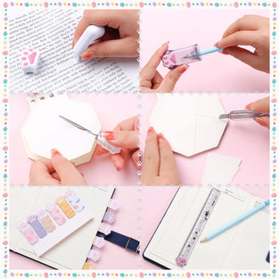 8 Pcs Cute Cat Paw Stationery Set Kawaii School Supplies Including Pencil Sharpener Retractable Eraser Correction Tape Sticky Notes Ruler Mini Scissors Utility Knife for Cat Lovers Students (White)