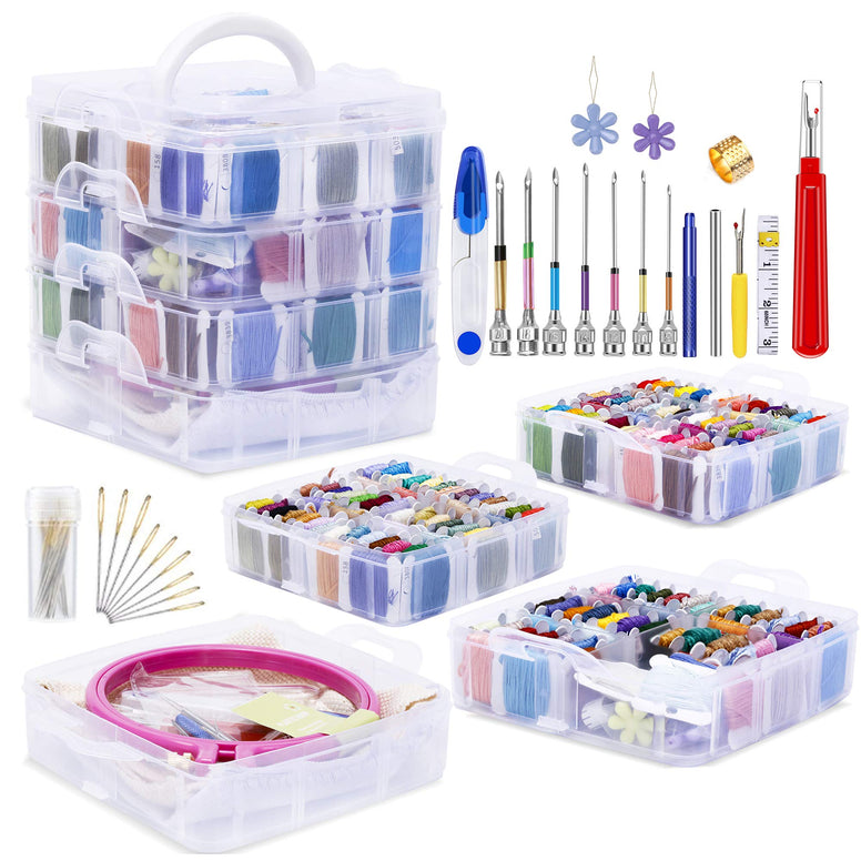 Jupean Embroidery Starter Kit, Punch Needle Tool and Supplies Including Embroidery Punch Needle, 150 Colour Embroidery Floss Cross Stitch Threads with Organiser Storage Box, Floss Bobbins, Embroidery