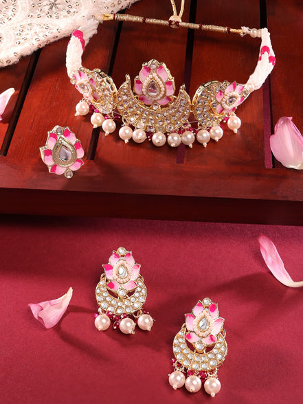 Zaveri Pearls Pink Meenakari لوتس ديزاين كريسنت كوندان والخرز قلادة قلادة وحلقة مجموعة للنساء ZPFK14720