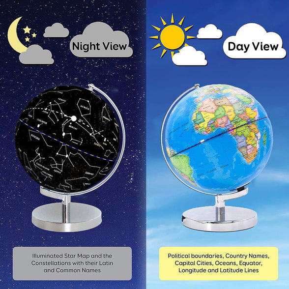 Illuminated World Globe with Stand-Educational Gift Kids Globe Built in LED Light with World Map and Constellation View,Interactive Desktop Earth Globe for Kids