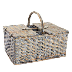 Wicker Picnic Basket Set for 4 with Insulated Cooler Bag, Metal Silverware, Salt/Pepper Shakers, and Corkscrew Wine Bottle Opener, Ceramic Plates, Glass Wine Glasses, and Cloth Napkins (Gray)