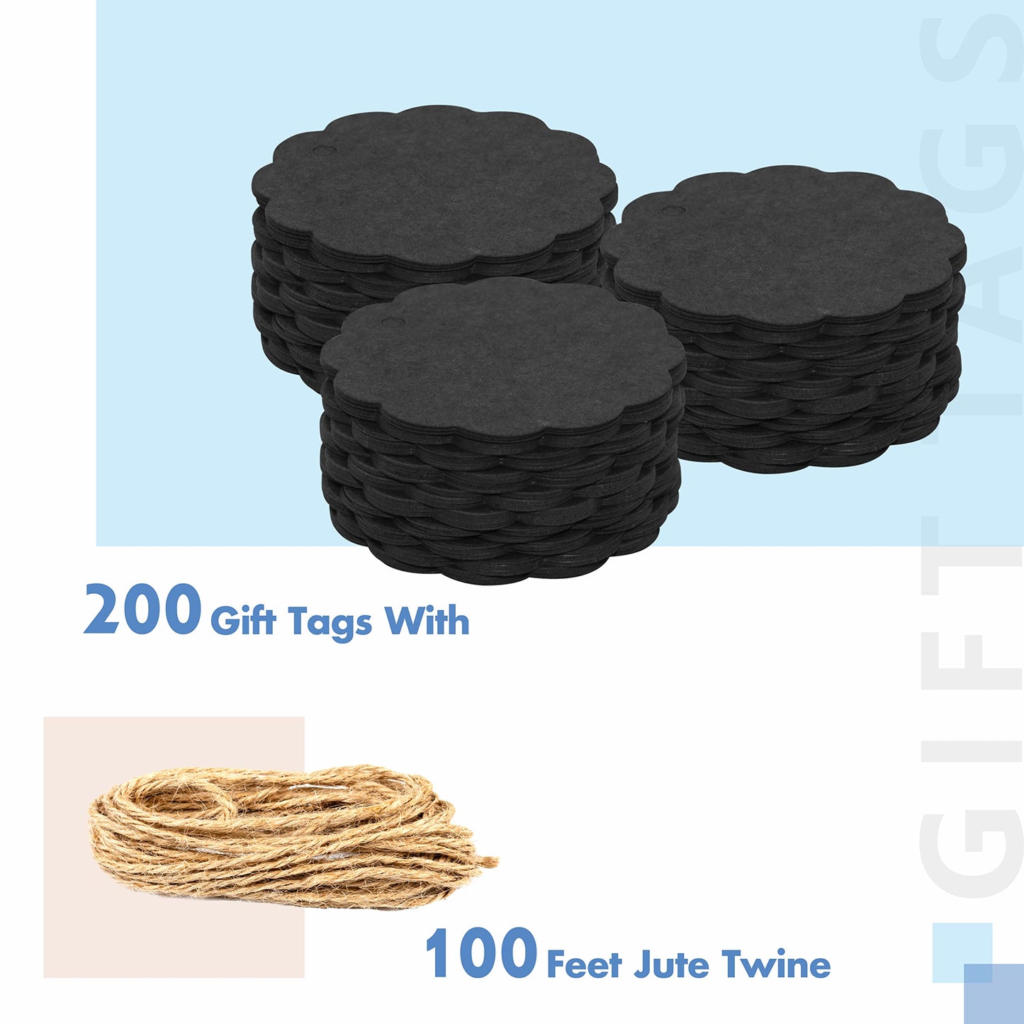 200 Pcs Kraft Paper Gift Tags Black Wave Gift Tags with 30 Meters Natural Jute Twine for Craft Packaging (6cm Diameter)
