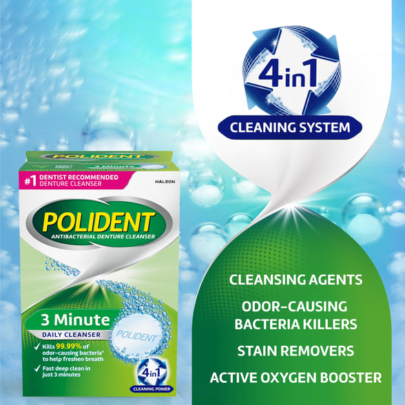 Polident 3-Minute Antibacterial Denture Cleanser - Mint, 3 Minute Whitening, 120 Count